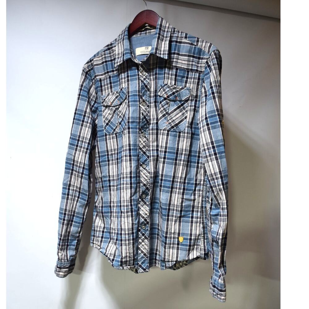 Scotch & Soda Amsterdam Couture Blue Plaid Pearl Snap Western Shirt Size L